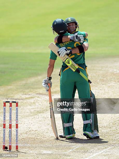 Colin Ingram of South Africa celebrates his 100 during the 1st One Day International match between South Africa and Pakistan at Chevrolet Park on...