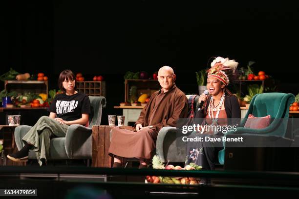 Tori Tsui, Brother Spirit aka Brother Phap Linh and Koteka Wenda speak onstage during Overheated, a one-off climate activism event presented by...
