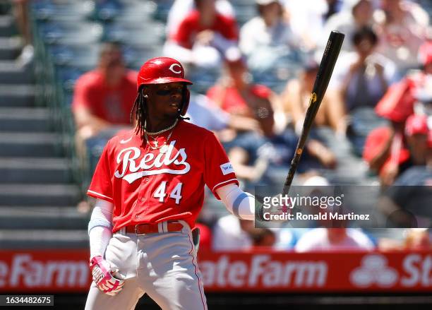 Elly De La Cruz of the Cincinnati Reds bats against the Los Angeles Angels in the fourth inning during game one of a doubleheader at Angel Stadium of...
