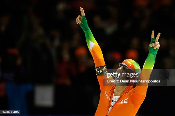 Jan Smeekens of Netherlands celebrates after he competes in the 500m Men Division A on Day 3 of the Essent ISU World Cup Speed Skating Championships...