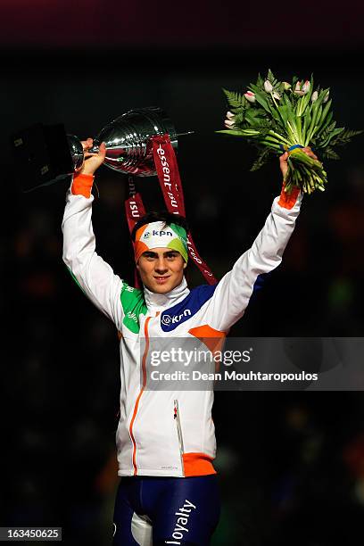 Jan Smeekens of Netherlands celebrates after he wins the 500m Men World Cup on Day 3 of the Essent ISU World Cup Speed Skating Championships 2013 at...