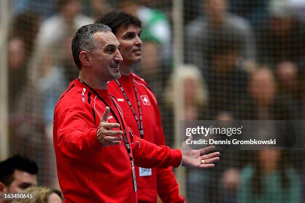 Head coach Lubomir Svajlen of Switzerland reacts during the DHB International Friendly match between Germany and Switzerland at Conlog-Arena on March...