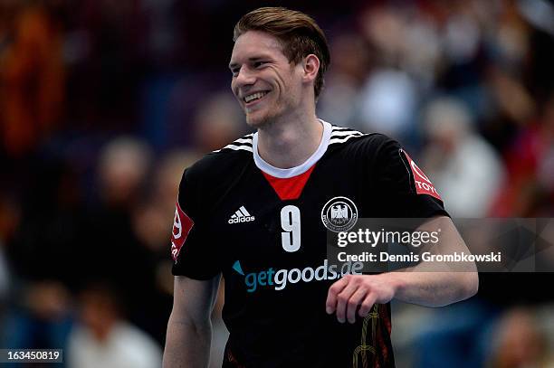 Tobias Reichmann of Germany celebrates during the DHB International Friendly match between Germany and Switzerland at Conlog-Arena on March 10, 2013...