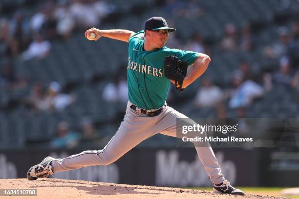 Trent Thornton of the Seattle Mariners delivers a pitch against the Chicago White Sox at Guaranteed Rate Field on August 23, 2023 in Chicago,...