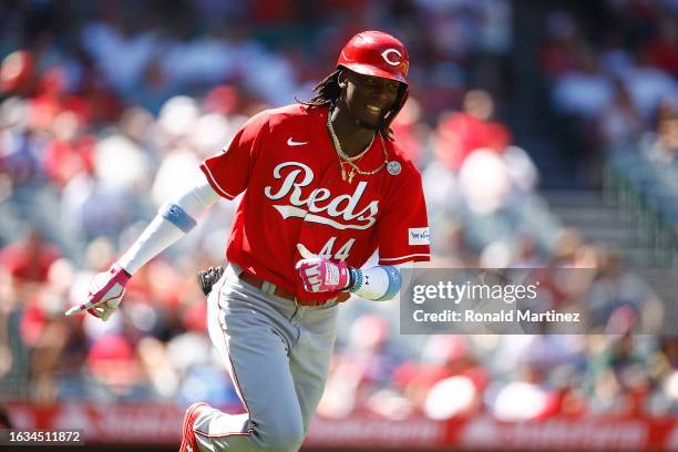 Elly De La Cruz of the Cincinnati Reds hits a three-run home run against the Los Angeles Angels in the fifth inning during game one of a doubleheader...