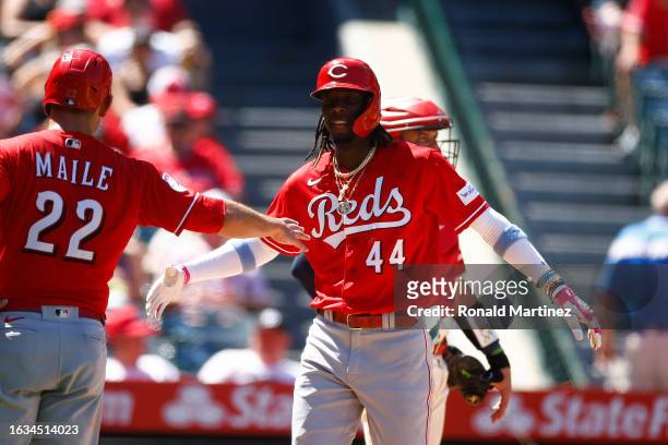 Elly De La Cruz of the Cincinnati Reds celebrates a three-run home run against the Los Angeles Angels in the fifth inning during game one of a...