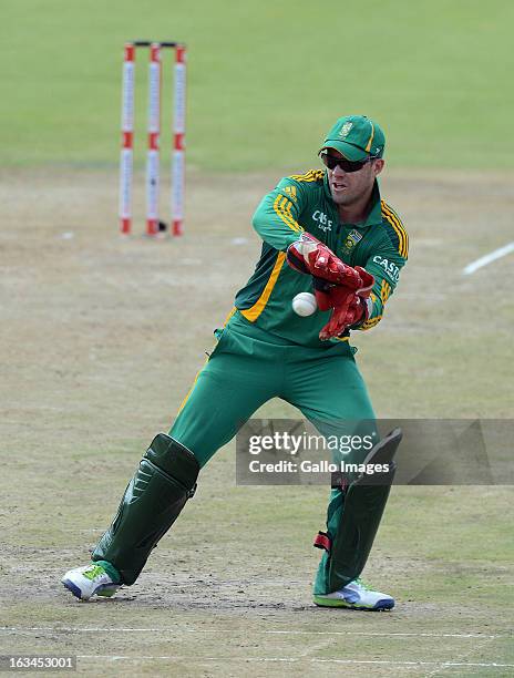 De Villiers of South Africa fields during the 1st One Day International match between South Africa and Pakistan at Chevrolet Park on March 10, 2013...