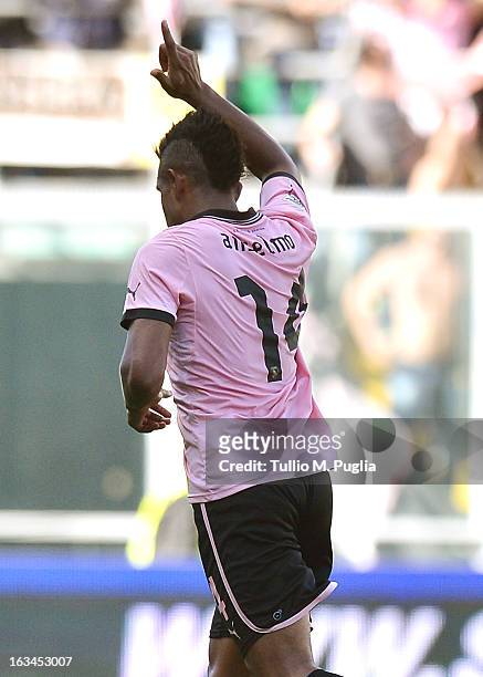 Anselmo De Moraes of Palermo celebrates after scoring the opening goal during the Serie A match between US Citta di Palermo and AC Siena at Stadio...