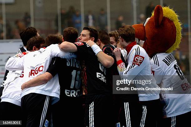 Germany players celebrate after the DHB International Friendly match between Germany and Switzerland at Conlog-Arena on March 10, 2013 in Koblenz am...