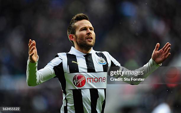 Newcastle player Yohan Cabaye celebrates his goal during the Barclays Premier League match between Newcastle United and Stoke City at St James' Park...