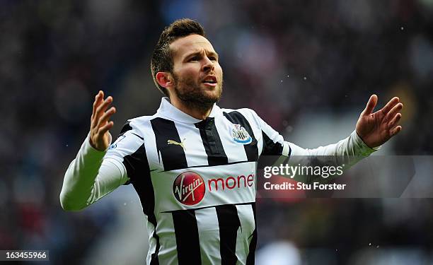 Newcastle player Yohan Cabaye celebrates his goal during the Barclays Premier League match between Newcastle United and Stoke City at St James' Park...