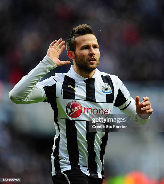 Newcastle player Yohan Cabaye celebrates his goal during the Barclays Premier League match between Newcastle United and Stoke City at St James' Park...