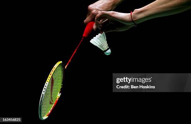 Detailed view as Chen Long of China prepares to serve during Day 6 of the Yonex All England Badminton Open at NIA Arena on March 10, 2013 in...