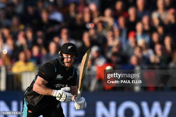 New Zealand's Glenn Phillips eyes the ball during the first T20 international cricket match between England and New Zealand at Chester-le-Street, in...