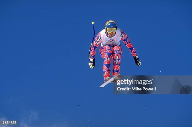 Jean-Luc Cretier of France jumps during a Downhill training session at the 1998 Winter Olympic Games at Happo''one Hakuba in Nagano, Japan. \...