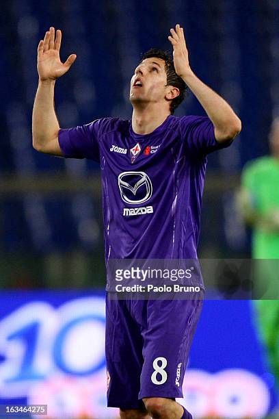 Stevan Jovetic of ACF Fiorentina celebrates after scoring the opening goal during the Serie A match between S.S. Lazio and ACF Fiorentina at Stadio...