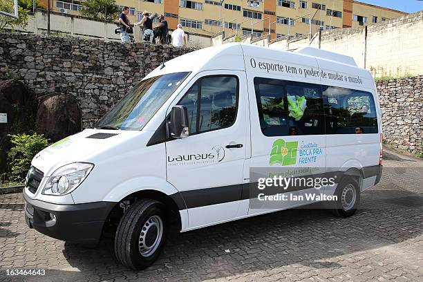 The donated van at the Mercedes-Benz Sprinter handover to the Bola Project during 2013 Laureus World Sports Awards on March 10, 2013 in Rio de...