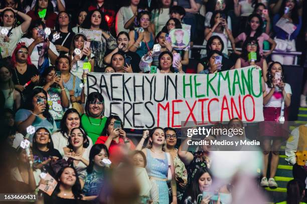 Fans of Baekhyun shows a message during KAMP Monterrey 2023 festival at Arena Monterrey on August 22, 2023 in Monterrey, Mexico.