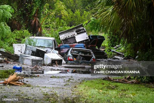 Backyard of a house is seen flooded in Steinhatchee, Florida on August 30 after Hurricane Idalia made landfall. Idalia barreled into the northwest...