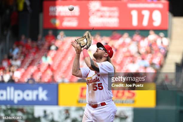 Taylor Motter of the St. Louis Cardinals catches a pop-up against the San Diego Padres in the second inning at Busch Stadium on August 30, 2023 in St...