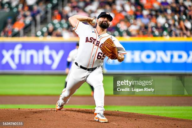 Jose Urquidy of the Houston Astros pitches in the first inning against the Boston Red Sox at Minute Maid Park on August 23, 2023 in Houston, Texas.