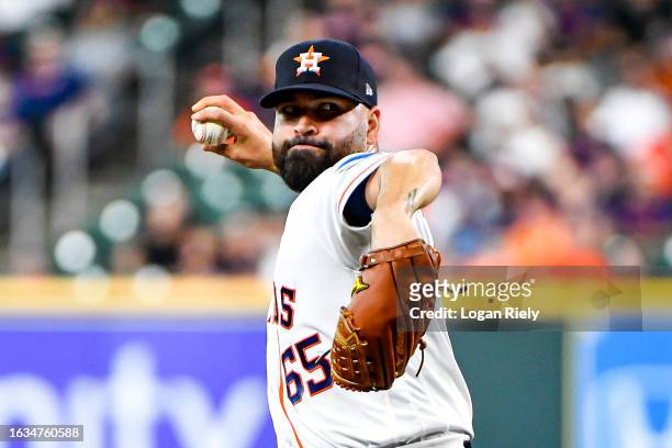 Jose Urquidy of the Houston Astros pitches in the first inning against the Boston Red Sox at Minute Maid Park on August 23, 2023 in Houston, Texas.