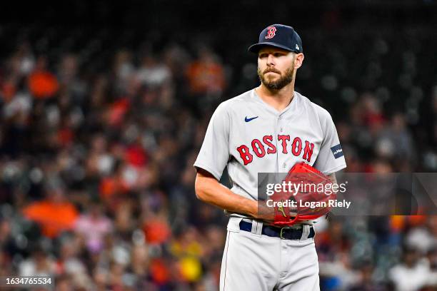 Chris Sale of the Boston Red Sox pitches in the first inning against the Houston Astros at Minute Maid Park on August 23, 2023 in Houston, Texas.