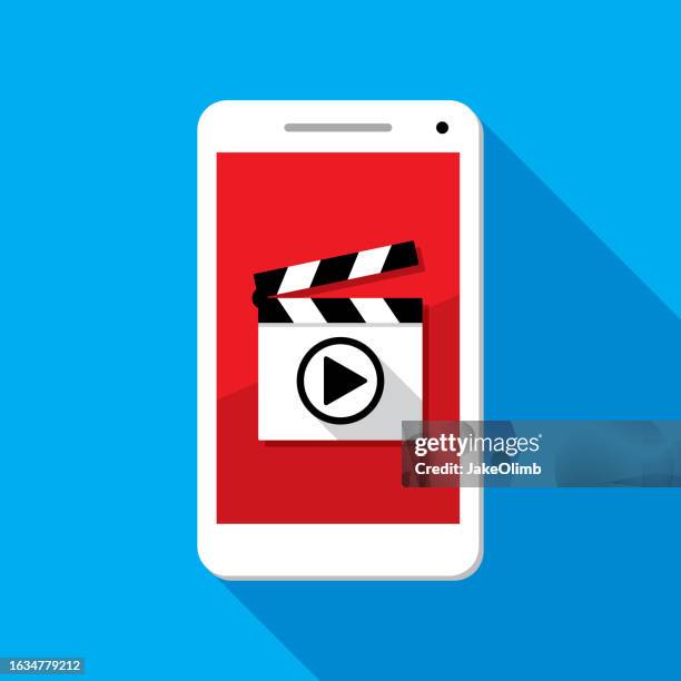 clapboard play button smartphone icon flat - producer icon stock illustrations