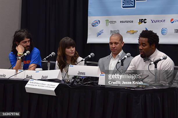 Chris Kantrowitz Founder/CEO Gobbler, actress Sophia Bush, Walter Delph CEO of Adly and Dhani Jones, host of Spike.com speak onstage at The New ROI:...