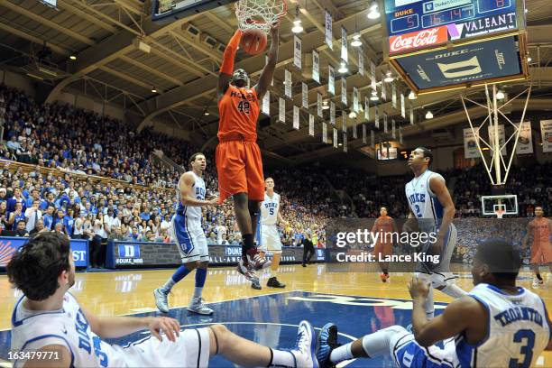 Barksdale of the Virginia Tech Hokies goes up for a dunk against the Duke Blue Devils at Cameron Indoor Stadium on March 5, 2013 in Durham, North...