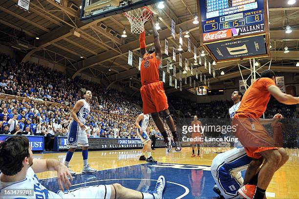 Barksdale of the Virginia Tech Hokies goes up for a dunk against the Duke Blue Devils at Cameron Indoor Stadium on March 5, 2013 in Durham, North...