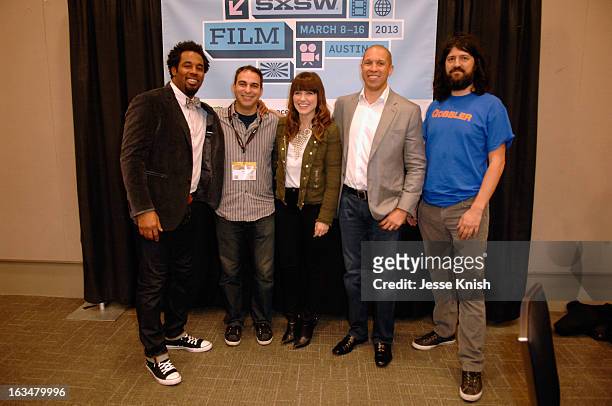 Dhani Jones, host of Spike.com, moderator Adam Lilling, actress Sophia Bush, Walter Delph CEO of Adly and Chris Kantrowitz Founder/CEO Gobbler attend...