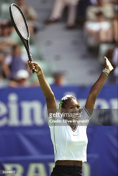 Serena Williams of the USA celebrates her victory over Irina Spirlea of Romania during the Australian Open at Melbourne Park in Melbourne, Australia....