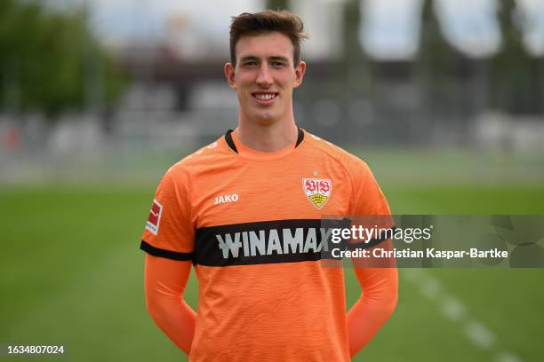 Florian Schock of VfB Stuttgart poses during the team presentation at Training ground of VfB Stuttgart on August 09, 2023 in Stuttgart, Germany.