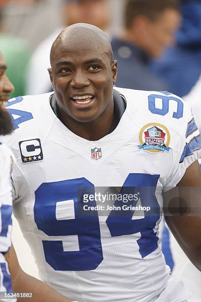 DeMarcus Ware of the Dallas Cowboys relaxes on the bench during the game against the Cincinnati Bengals at Paul Brown Stadium on December 9, 2012 in...