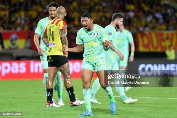 Rony of Palmeiras celebrates after referee Hernán Ramirez Villegas calls a penalty in their favor after checking the Video Assistant Referee during a...