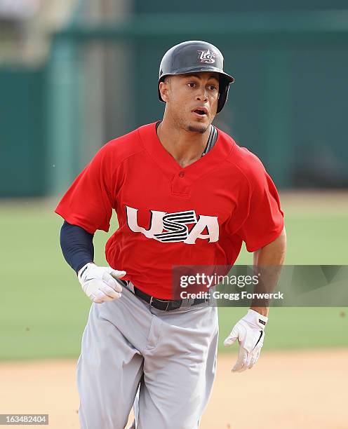 Giancarlo Stanton of Team USA against the Chicago White Sox during a WBC exhibition game at Camelback Ranch on March 5, 2013 in Glendale, Arizona.