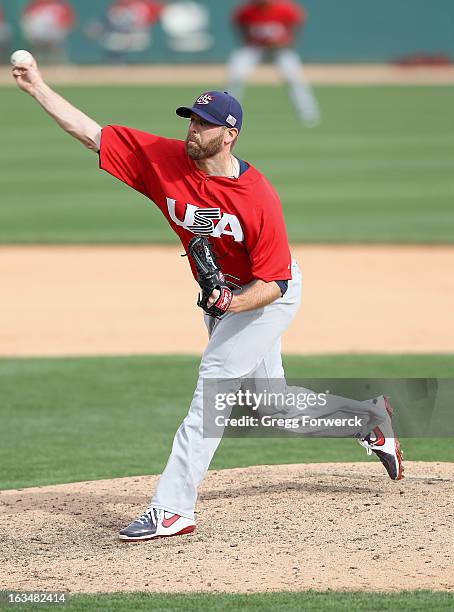 Mitchell Boggs of Team USA pitches against the Chicago White Sox during a WBC exhibition game at Camelback Ranch on March 5, 2013 in Glendale,...