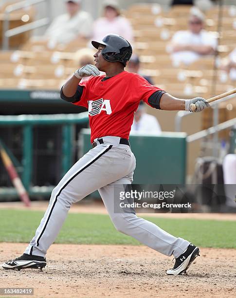 Brandon Short of Team USA gets an at bat against the Chicago White Sox during a WBC exhibition game at Camelback Ranch on March 5, 2013 in Glendale,...