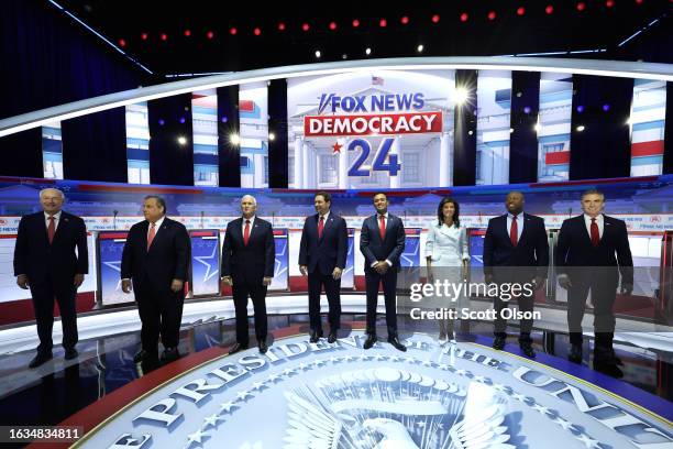 Republican presidential candidates , former Arkansas Gov. Asa Hutchinson, former New Jersey Gov. Chris Christie, former U.S. Vice President Mike...