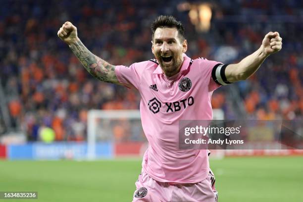 Lionel Messi of Inter Miami CF celebrates after teammate Leonardo Campana scored his second goal against the FC Cincinnati during the second half in...