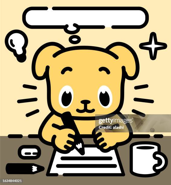a labrador retriever author is sitting at a desk and writing, thinking, and getting ideas - story telling in the workplace stock illustrations