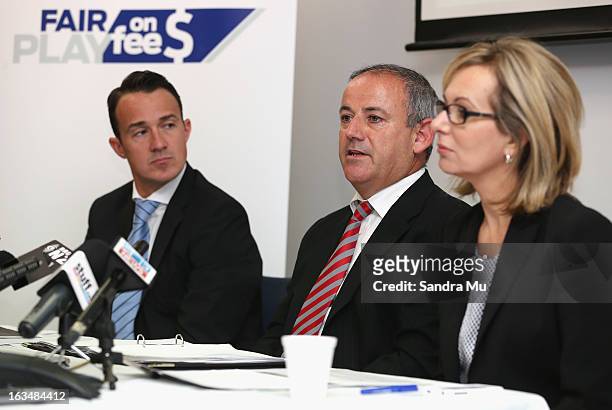 Ben Hardwick of Slater and Gordon, New Zealand lawyer Andrew Hooker and Michelle Silvers of the Litigation Lending Services speak to media during a...