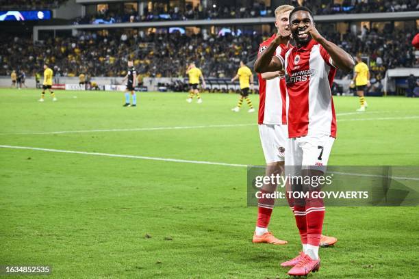 Antwerp's Gyrano Kerk celebrates after scoring during a soccer game between Greek AEK Athens FC and Belgian soccer team Royal Antwerp FC, Wednesday...