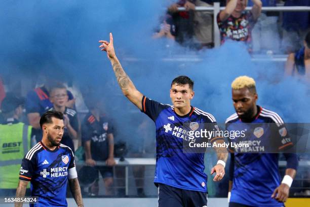 Brandon Vazquez of FC Cincinnati celebrates with his teammates after scoring a goal against the Inter Miami CF in the 53rd minute of the second half...