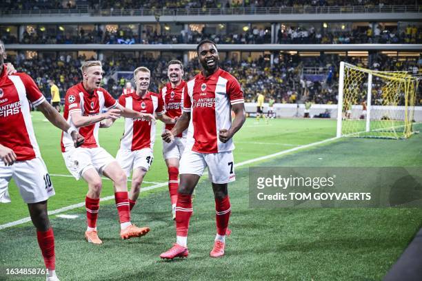 Antwerp's Gyrano Kerk celebrates after scoring during a soccer game between Greek AEK Athens FC and Belgian soccer team Royal Antwerp FC, Wednesday...