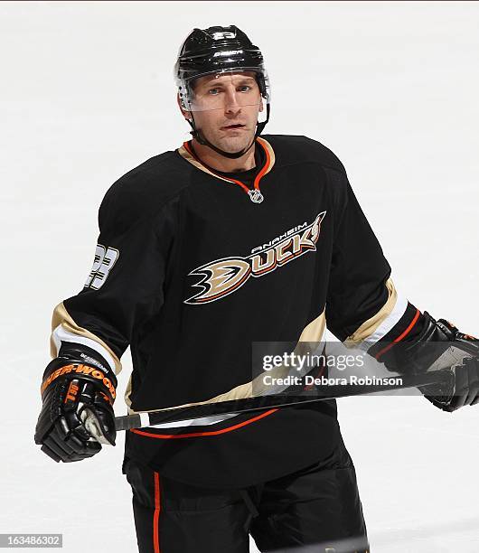 March 10: Francois Beauchemin of the Anaheim Ducks takes the ice in the 2nd period against the St. Louis Blues on March 10, 2013 at Honda Center in...