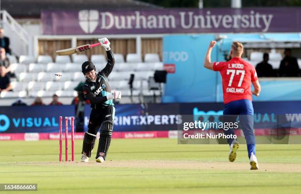 Luke Wood of England takes the wicket of Tim Seifert of New Zealand during the Mens International T20 Match match between England and New Zealand at...