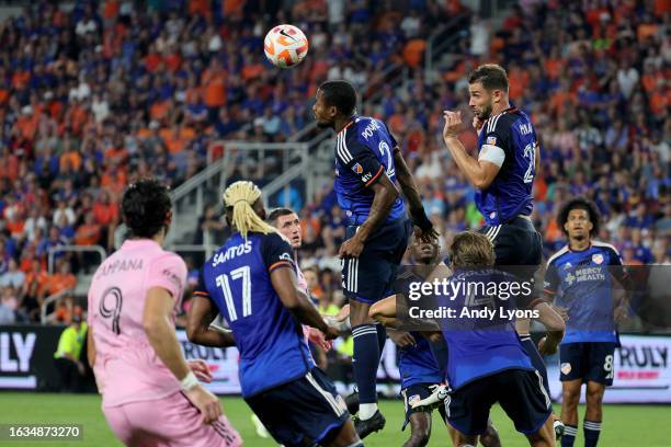 Alvas Powell of FC Cincinnati heads the ball against the Inter Miami CF during the second half in the 2023 U.S. Open Cup semifinal match at TQL...