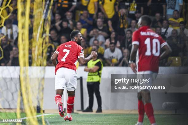 Antwerp's Gyrano Kerk celebrates after scoring during a soccer game between Greek AEK Athens FC and Belgian soccer team Royal Antwerp FC, Wednesday...